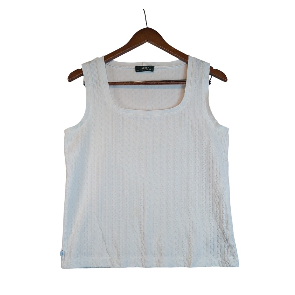 Lauren Ralph Lauren Vintage White Cable Knit Square Neck Sleeveless Top Luxury